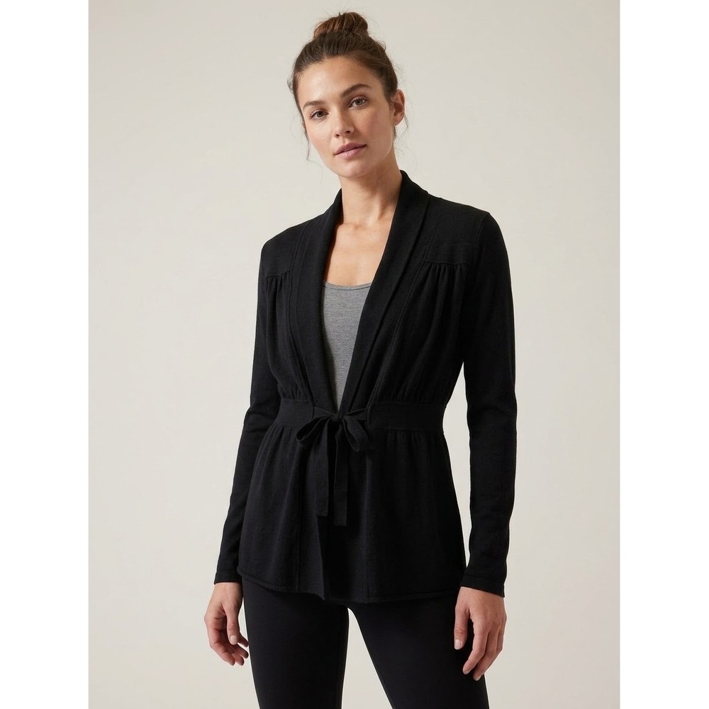 Athleta Black Cotton Cashmere Tie Waist Wrap Cardigan Sweater Medium